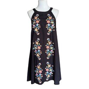 Savanna Jane Black Embroidered Sleeveless Halter Lined Shift Dress Women's Sz S